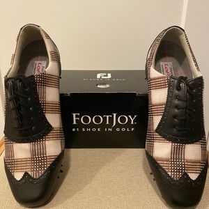 NEW Women’s FOOTJOY Lopro Golf Shoes: Brown/White plaid design, blk trim-Size 9M